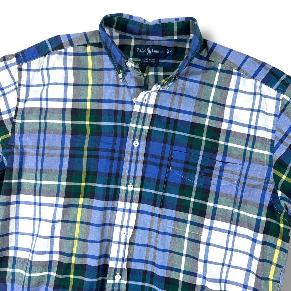 Ralph Lauren Men's Button Up Shirt Size Medium Big Shirt Short Sleeve Blue Plaid
